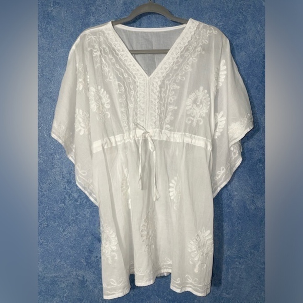 White Embroidered Tie Waist Coverup